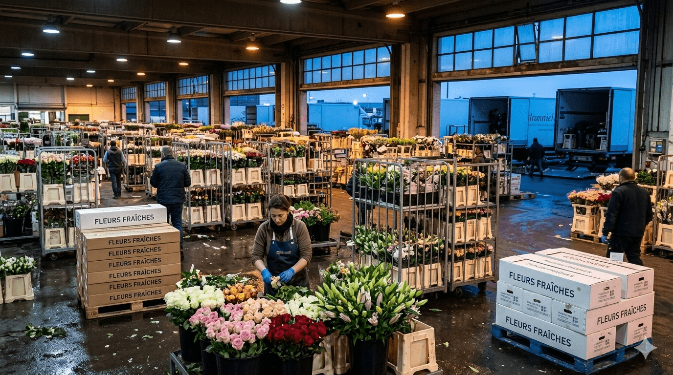 Coulisses d'un marché floral au petit matin